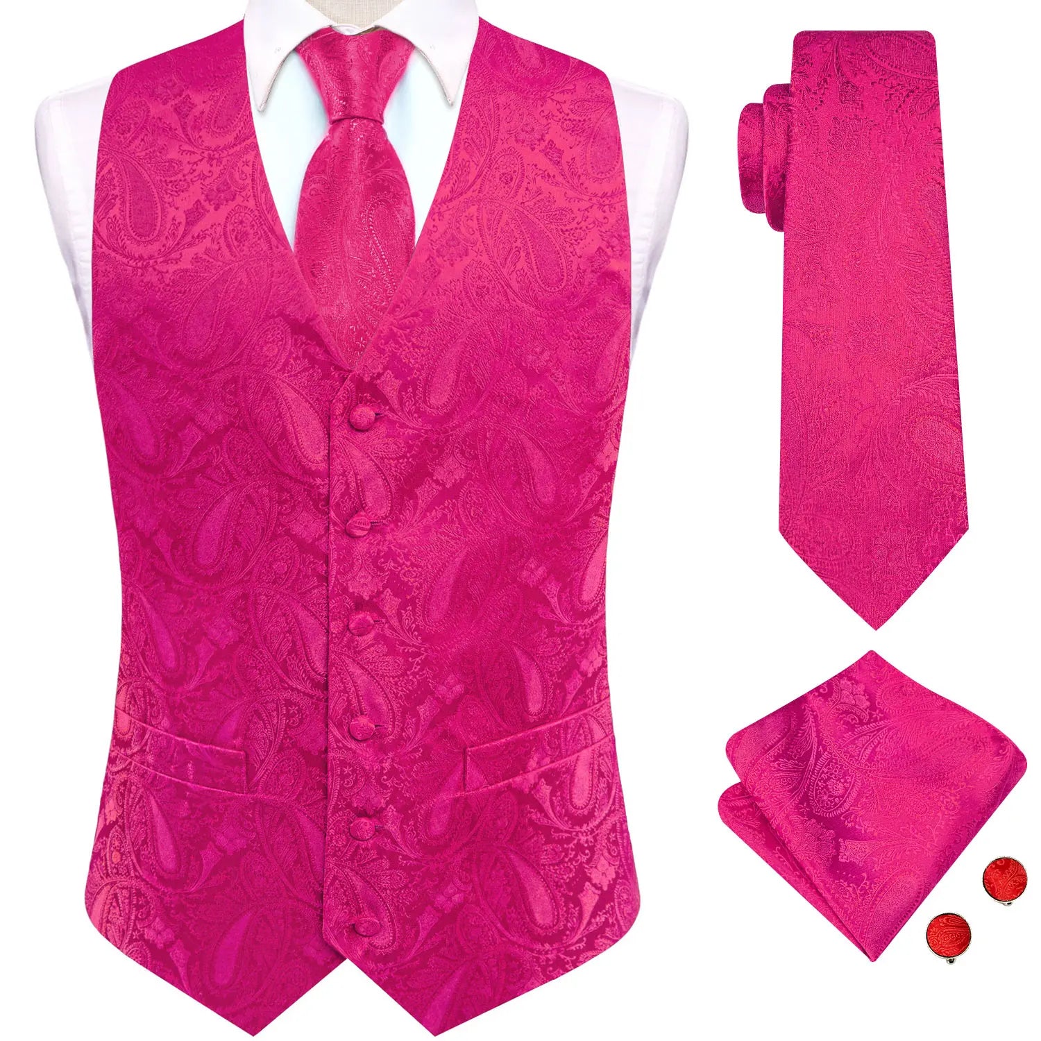 Mens Suit Vest Tie Hanky Cufflinks Rose Teal Pink Coral Blue Red Qme MJTZ3542 S