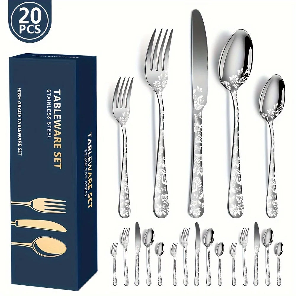 20 piece set, 1 set for home kitchen, Western cuisine, steak pattern, knife, fork, spoon set Qme Silver