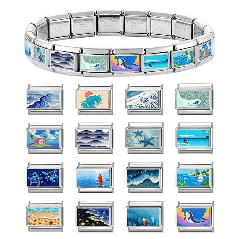 2026 New Summer Ocean Series Italian Charm Fit 9mm Stainless Steel Women DIY Bracelet Drop Shipping Fashion Jewelry Wholesale Qme