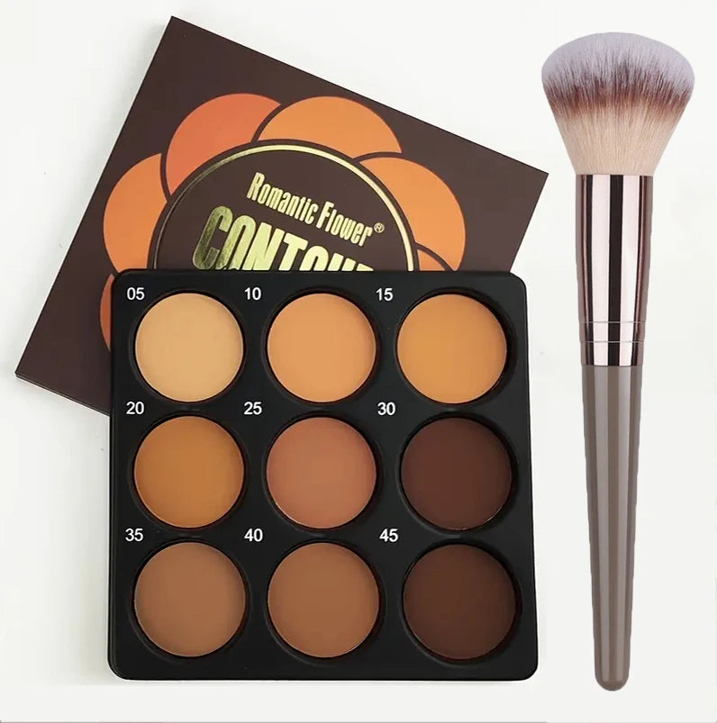 9-Color Waterproof Contour Concealer Matte Palette Free Brush Medium to Deep Shades 3D Sculpting Oil Control Long Lasting Wear Qme 1 set