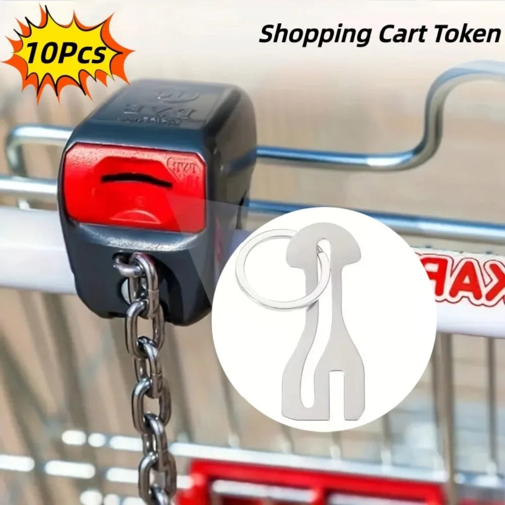 10pcs Stainless Steel Shopping Cart Token Key Tag Reusable for Supermarket Trolley Token Keychain Release Key Coin Keyring Qme