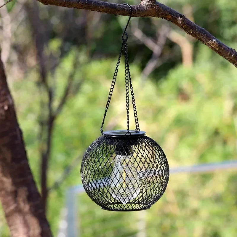 Solar wrought iron lantern lamp retro net chandelier outdoor garden decoration hollow lantern Qme