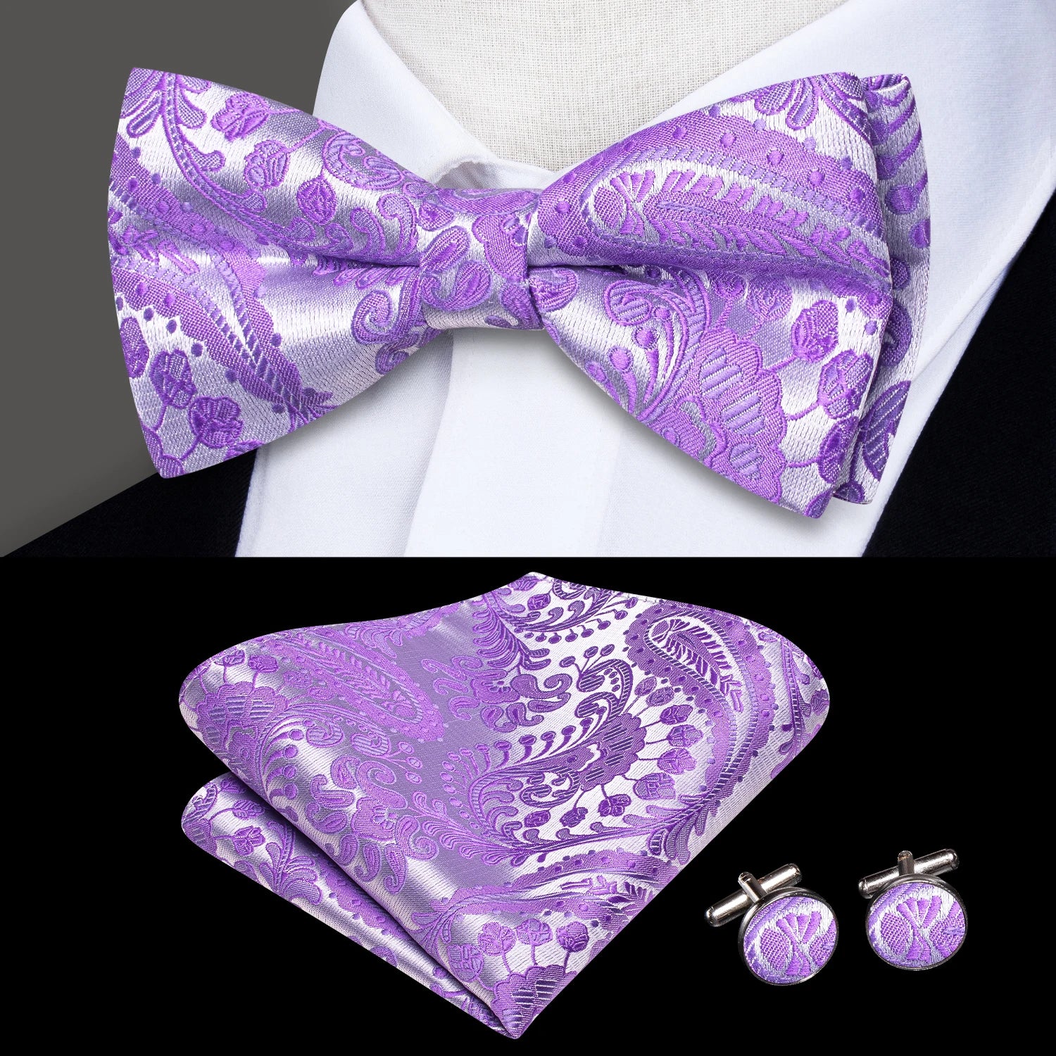 Hi-tie Grey Plaid Jacquard Pre-tied Mens Bow Tie Hanky Cufflinks