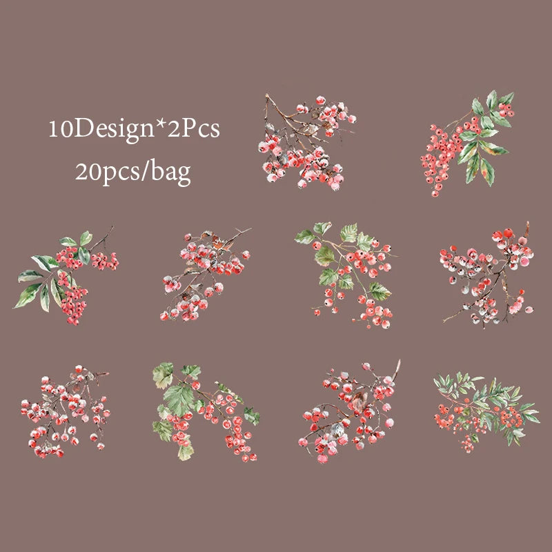 20 Sheets/Bag PET Shell Light Stickers Plant Fruit Pattern Sticker For Hand-Collage Material DIY Greeting Card Cup Decoration Qme 2
