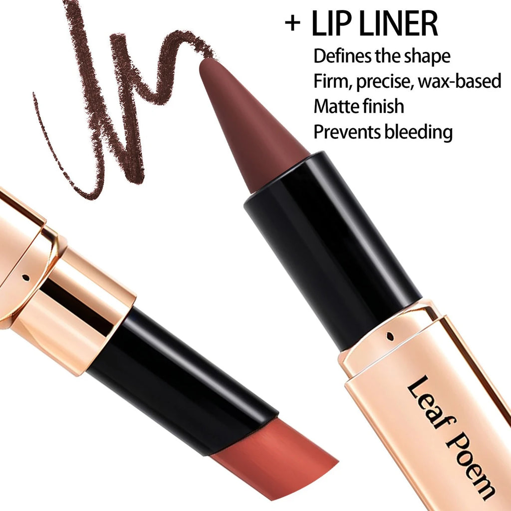 2-in-1 Ultra Fine Lip Liner Velvet Matte Dark Purple Mirror Lipstick Waterproof Non Sticky Contouring Tint Outline Lip Makeup Qme