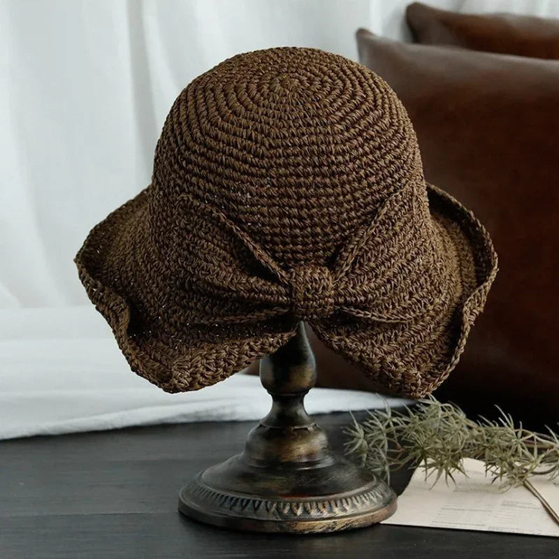 Summer Wide Brim Straw Hat Foldable Fisherman Sun Protection Girls Qme Brown