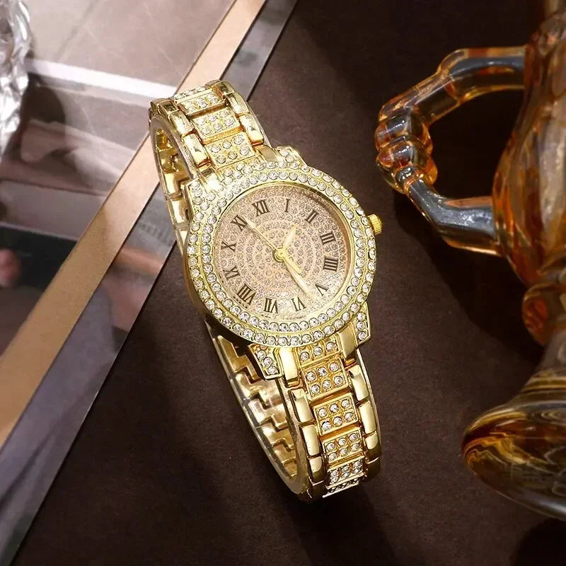Golden Watch Women Ring Necklace Earrings Rhinestone Fashion Wristwatch Female Casual Ladies Watches Bracelet Set Clock Qme