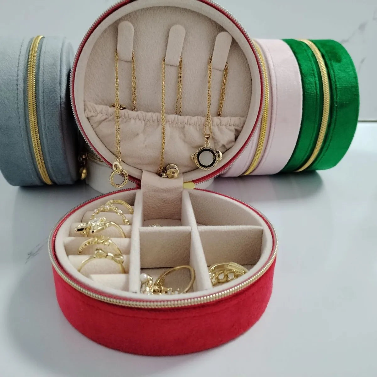 Luxury Velvet Travel Jewelry Case - Zippered Portable Organizer for Necklaces Earrings & Accessories Perfect for Travel&Gifting Qme Red 10 X10X 4.5CM