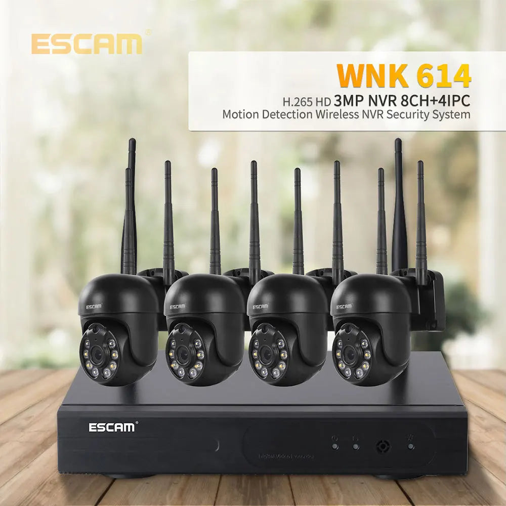 ESCAM H.265 3MP HD Wireless CCTV System Two Way Audio Waterproof PTZ WIFI IP Security Camera 8CH NVR Video Surveillance Kit Qme