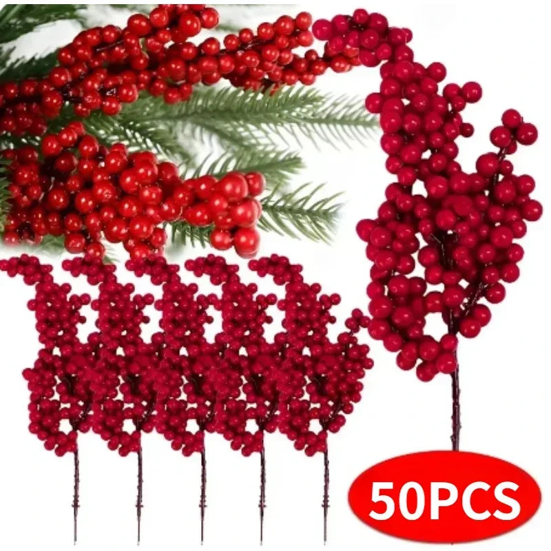 Christmas Artificial Berries Decoration Red Berry Branches for Xmas Tree Party Home Table Ornaments Red Fruit Wreath DIY Gift Qme