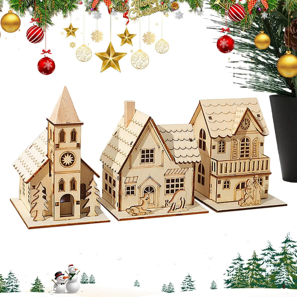 Christmas House for Table Light up Table Cabin 3x Funny Holiday Decoration Cute Desk Ornament for Bedroom Kitchen Farmhouse Qme