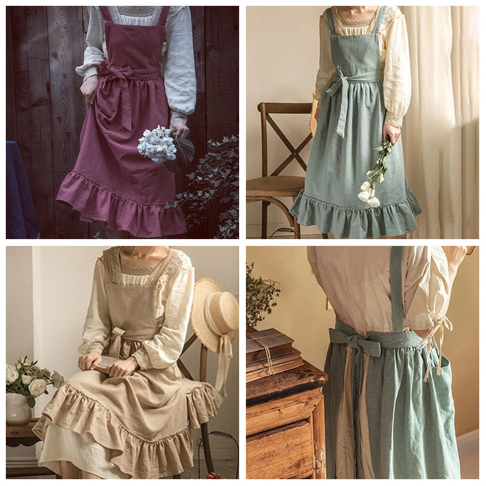 French Pastoral Florist Artsy Cotton Linen Vintage Apron Kitchen Baked Nordic Solid Color Ruffled Apron Home Qme