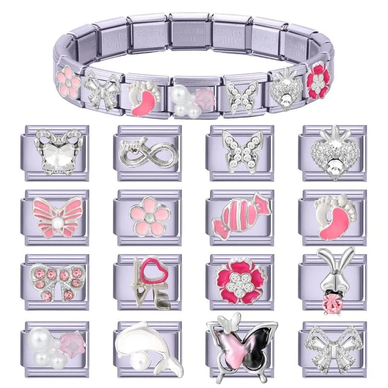 Fashion Zircon Bow Butterfly Cute Rabbit Italian Charms Links DIY Stainless Steel Bracelet Accessories Women Jewelry Making Gift Qme