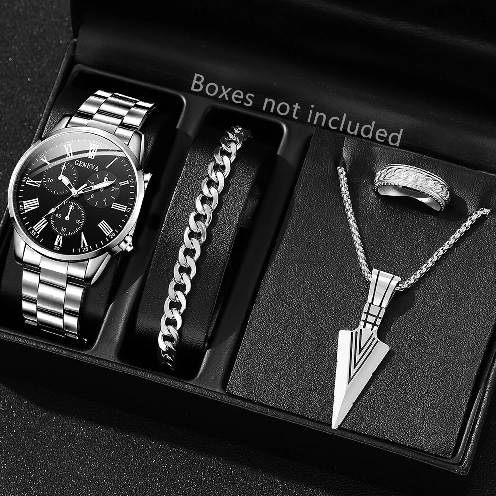 4PCS Black Men's Watch Set Business Trend Fashion Roman Digital Scale Dial Quartz Watch Bracelet Necklace Ring Set Perfect Gift Qme Silver