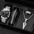 4PCS Black Men's Watch Set Business Trend Fashion Roman Digital Scale Dial Quartz Watch Bracelet Necklace Ring Set Perfect Gift Qme Silver