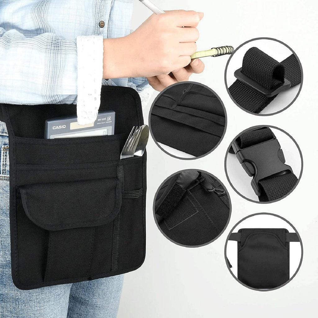 Black 5-pocket Apron Bag Waiter Waitress Restaurant Pocket Organizer Qme