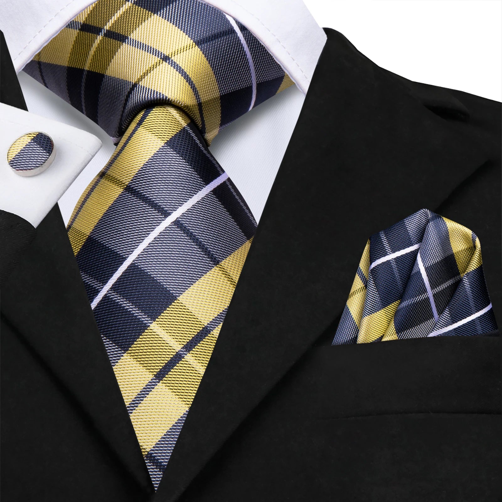 Hi-tie Lemon Yellow Grey Checks Plaids Tie Men Elegant Necktie Pocket Qme