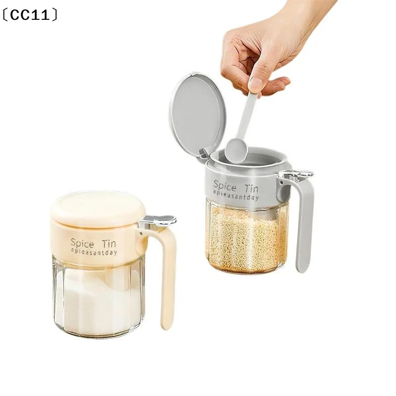 Glass Spice Jar Built-in Spoon Handle Airtight Seasoning Container Qme
