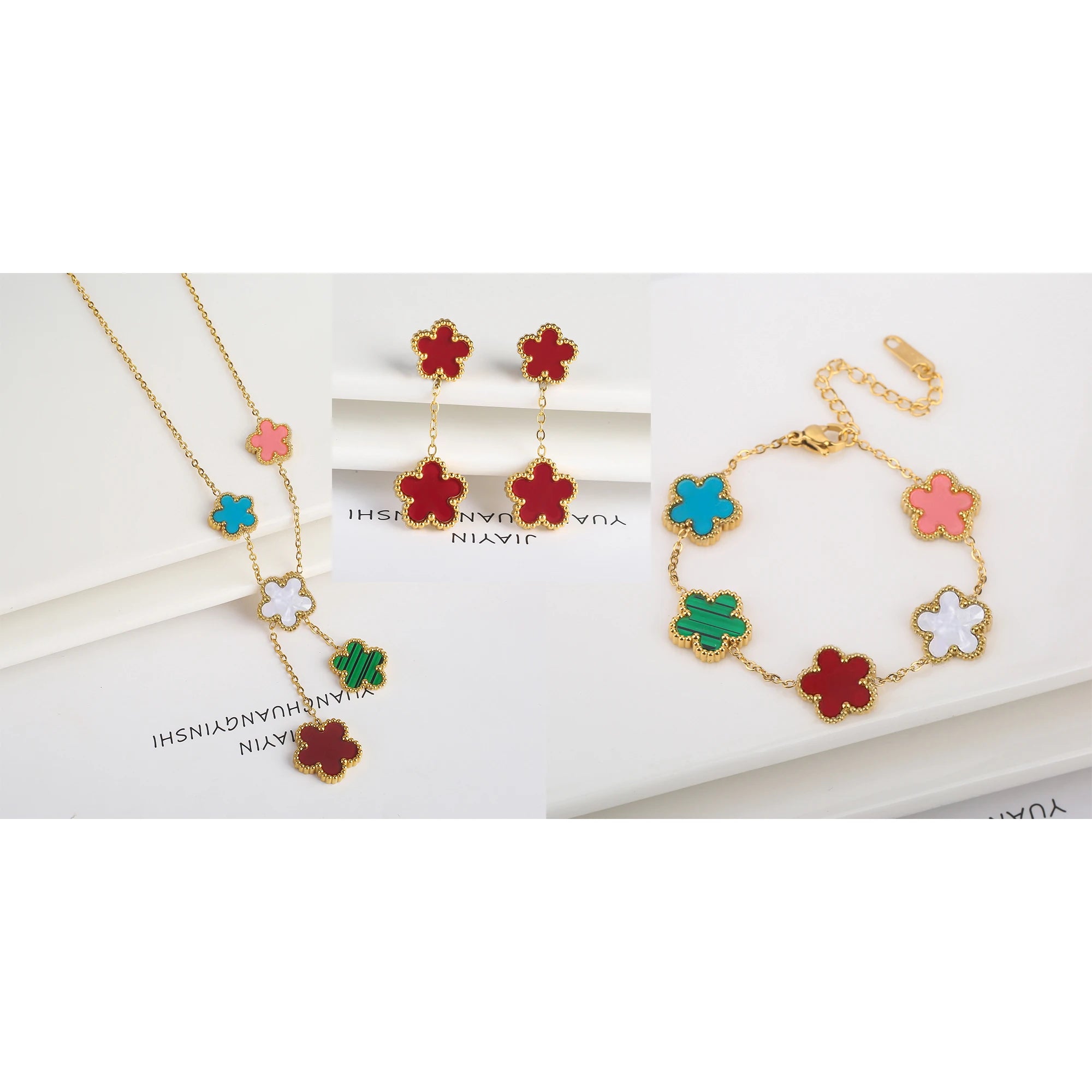 Clover Five Leaf Flower Stainless Steel Bracelet Necklace Earrings Jewelry Set Luxury for Women High Quality Party Jewelry Gift Qme 20