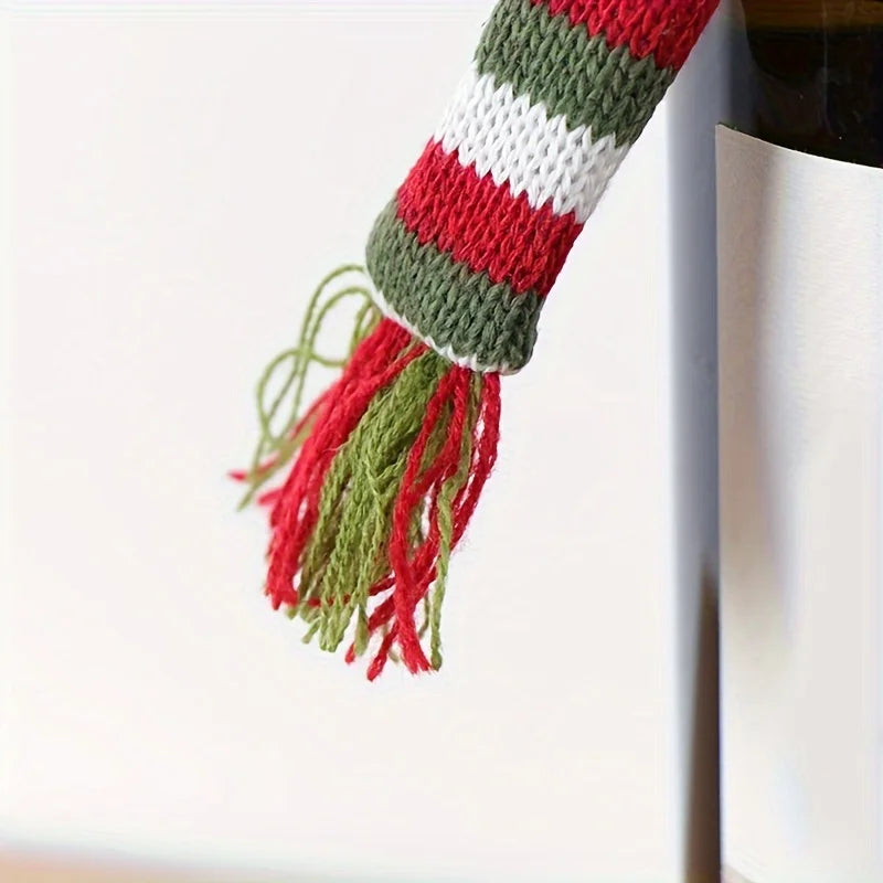 1 Home Christmas Red Wine Bottle Cover Knitted Yarn Scarf Hat Qme