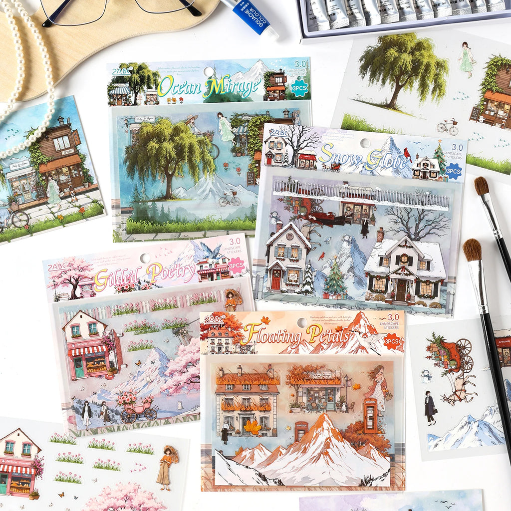 3 Sheets Four Seasons Scenery Stickers Pack PET Die cut Decorative handmade Scrapbooking Material Diary Album Craft Supplies Qme
