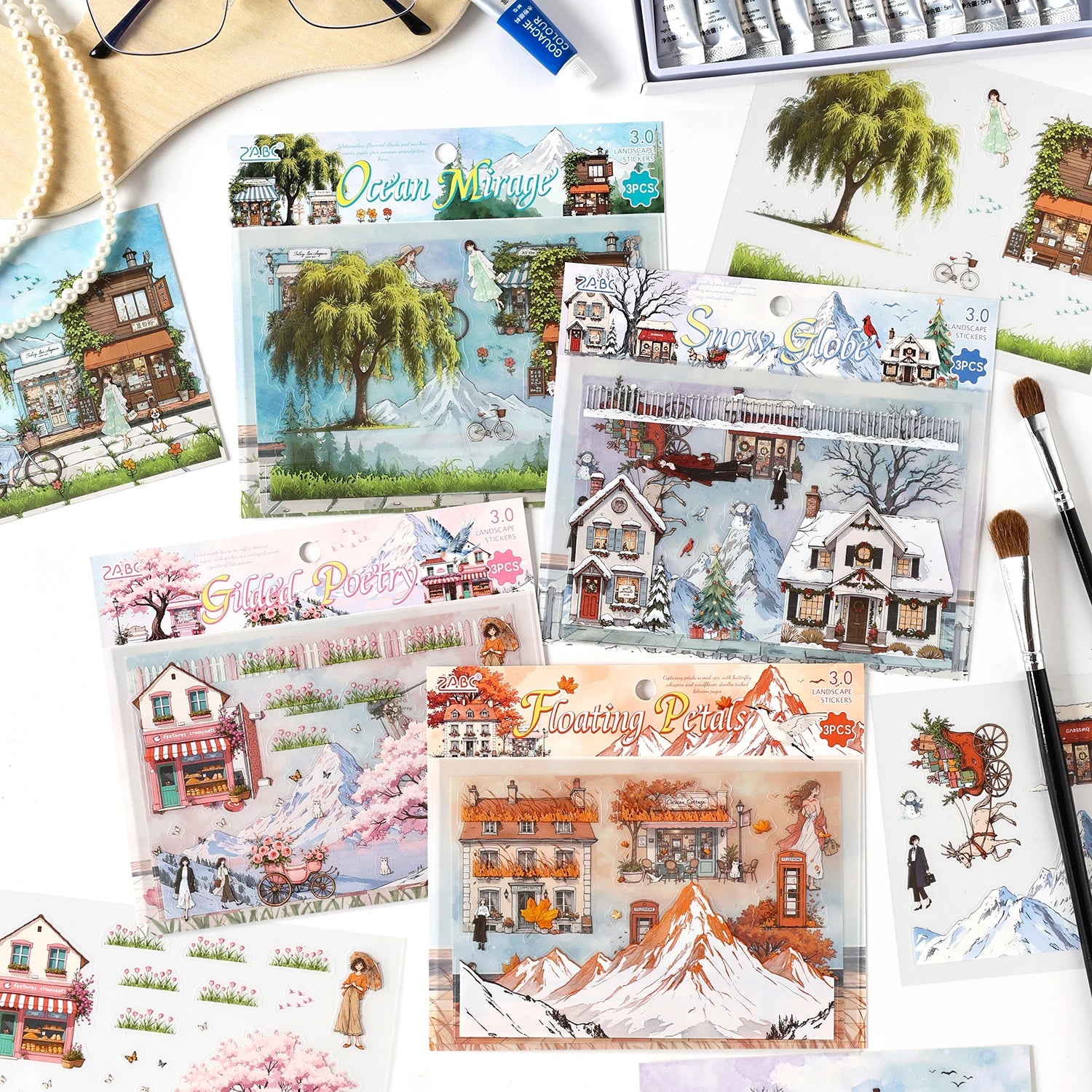 3 Sheets Four Seasons Scenery Stickers Pack PET Die cut Decorative handmade Scrapbooking Material Diary Album Craft Supplies Qme