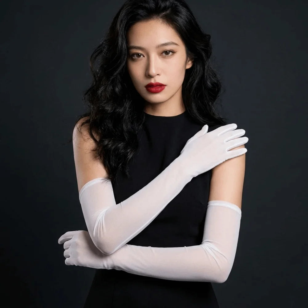 Fashion Ultra-thin Transparent Gloves Elbow Sheer Tulle Sunscreen Mittens Sun Protection Gauze Mesh Full Finger Gloves Outdoor Qme White