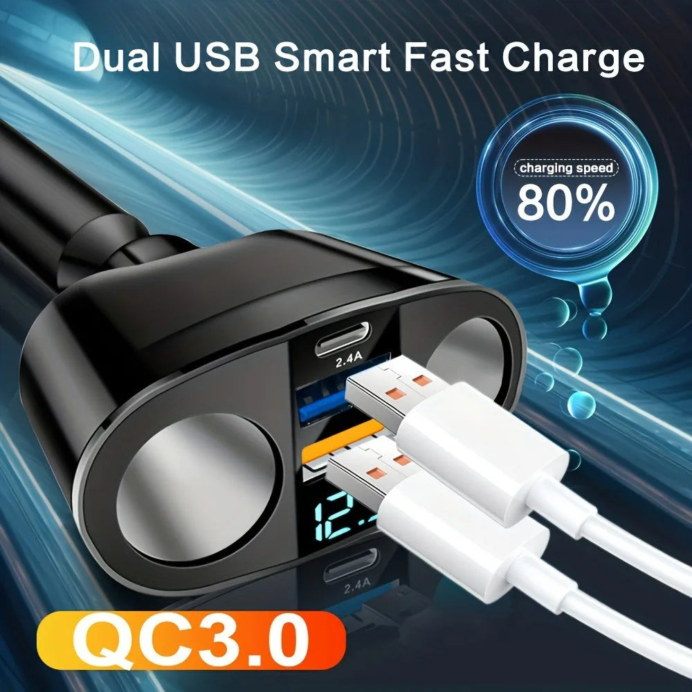 Multiple Devices Charged At The Same Time 3 Ports Car Charger Adapter Car With Digital Display Type C For iPhone Samsung Xiaomi Qme