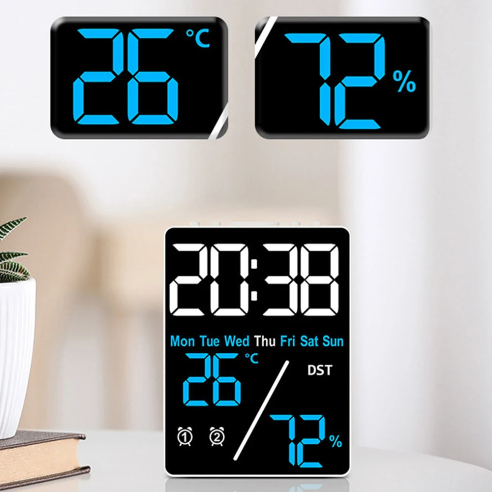 Digital Alarm Clock TEMP Humidity Date Week Disply 2 Alarm Snooze Electronic Table Clock 3-level Brightness 12/24H DST LED Clock Qme