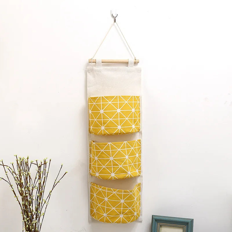 1PC Three Pockets Hanging Wall Storage Bag Household Bedroom Living Room Kitchen Cotton Linen Storage Bag Qme YELLOW 3