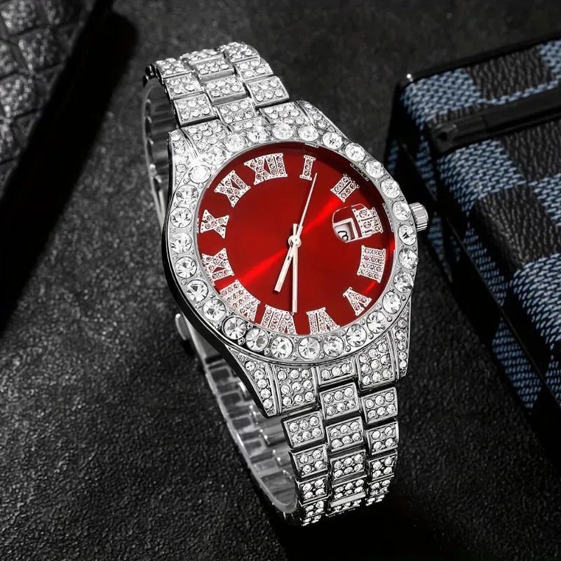 Hip-Hop Roman Numerals Diamond-Encrusted Ladies' Watch Fashion Large Dial Quartz Watch Set Qme