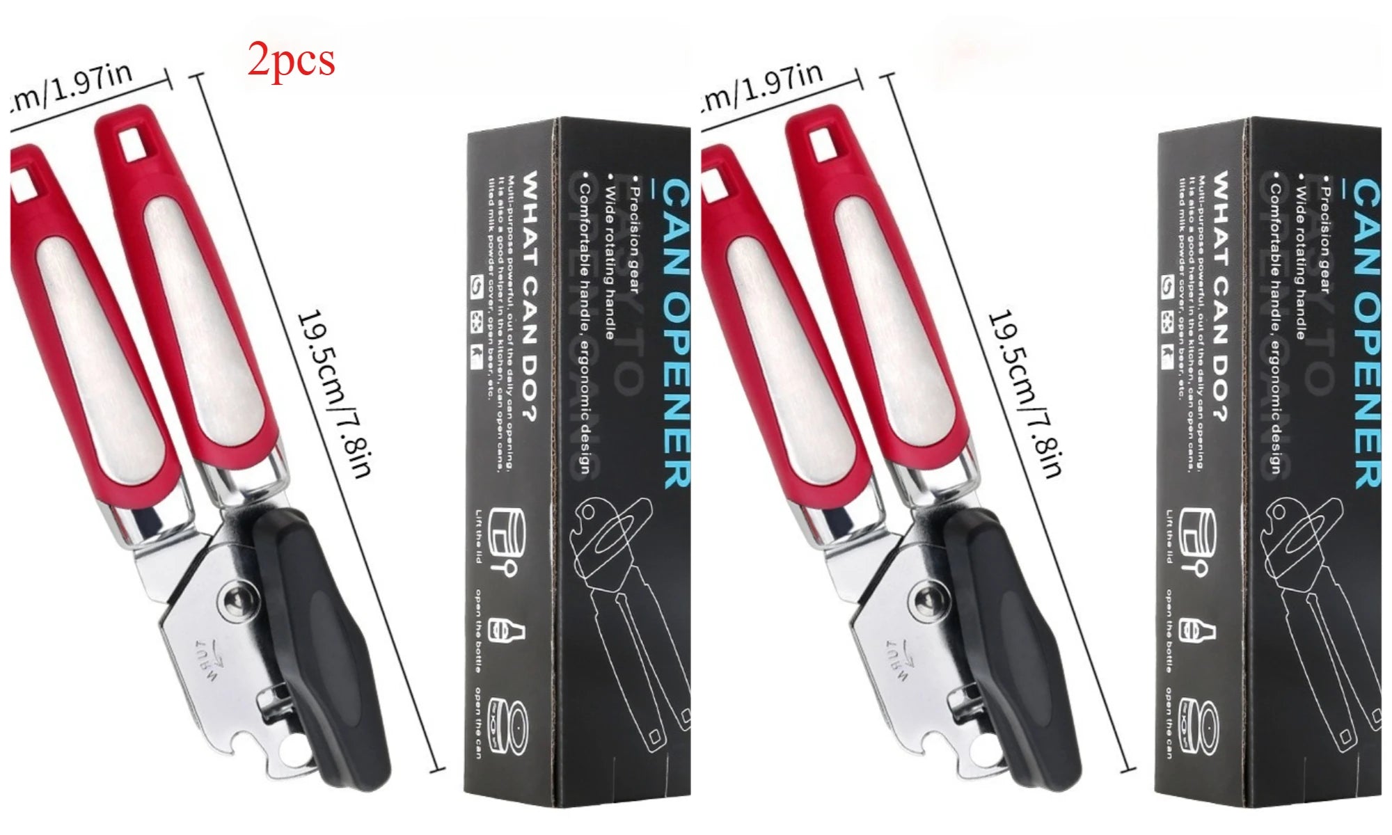 1-2pcs Stainless Steel 3-in-1 Manual Can Opener, Multifunctional Beer Bottle Opener, Kitchen Jar & Tin Can Opening Tool for Home Qme CO-06Red -1pc