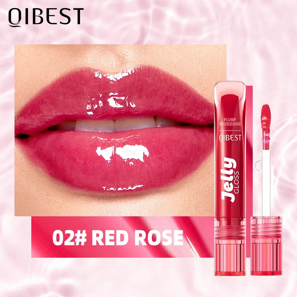 QIBEST Mirror Water Light Jelly Lipgloss Shiny Moisturizing Sexy Red Rose Liquid Lipstick Glitter Lip Oil Glass Makeup Lip Stain Qme 02 Red Rose