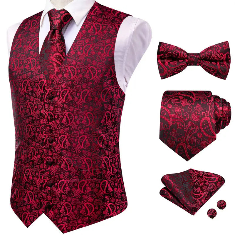 Men Red Pink Floral Paisley V Collar Waistcoat Full Business Party Qme HT-MJTZ0223 S