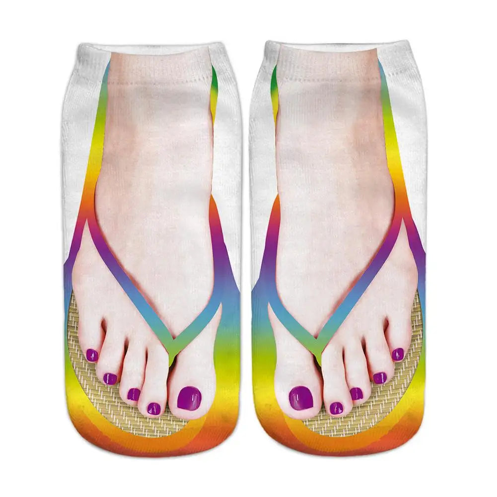 Fashion Canvas Flip Flop Shoes Cotton Socks 3D Printed Skeleton Summer Funny Kawaii Skull Foot Low Cut Ankle Socks For Women Sox Qme B One Size