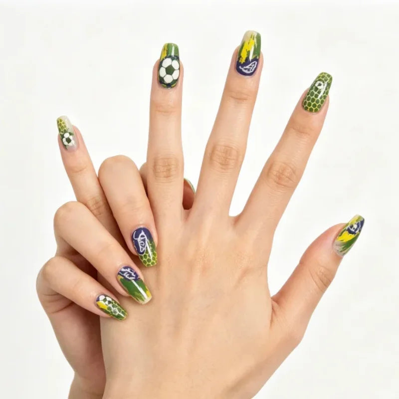 Brazil Press On Nails Green Yellow Football Fan Party Fake Nails Waterproof Easy Apply Remove Qme