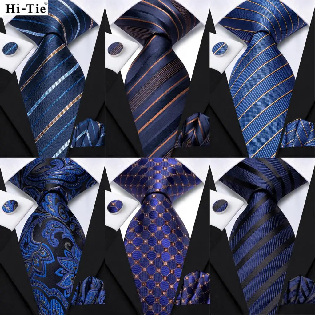 Hi-Tie Navy Blue Floral Striped Silk Elegant Tie For Men Groom Wedding Men Necktie Pocket Square Cufflink Accessory Wholesale Qme