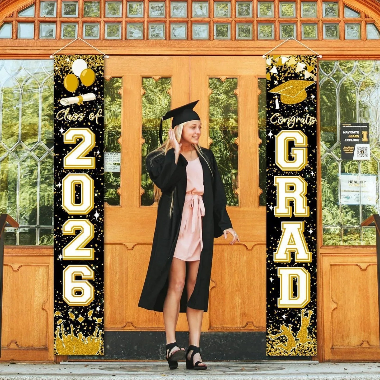 Class of 2026 Graduation Banners Graduate Party Decorations Couplets Porch Signs Indoor Outdoor Banners Party DIY Supplies Qme Gold