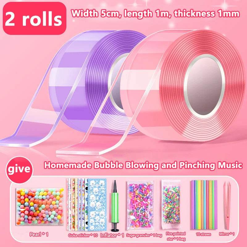 Kids Gifts PET Nano Glue DIY Blow Bubble Double Sided Tape Sticky Qme A10