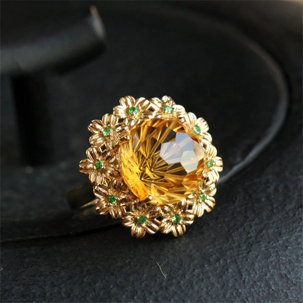 Exquisite Craft Cutting High Imitation Yellow Crystal Ice Flower Flower Open Ring for Women's Party Luxurious Sparkling Jewelry Qme