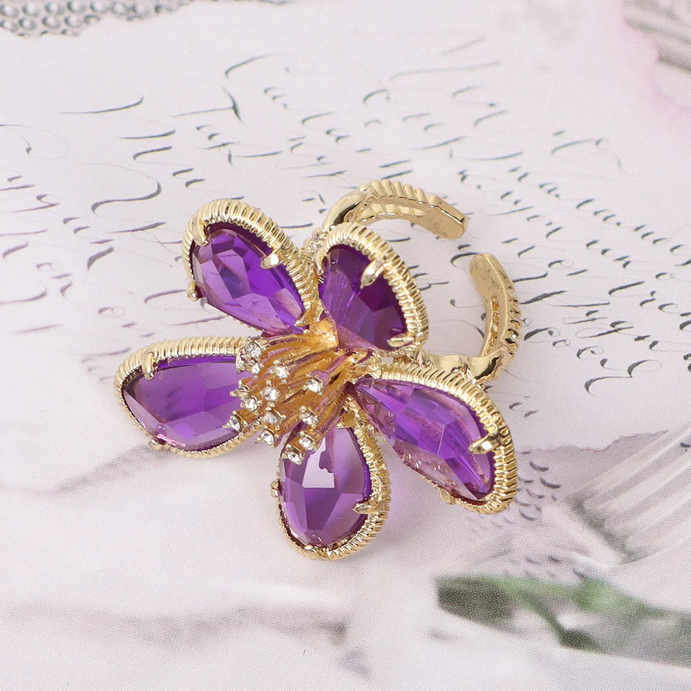 Personality Exaggerated Crystal Flower Ring Womanly Fashion Open Ring Women's Cocktail Party Luxury Jewelry Gifts Qme