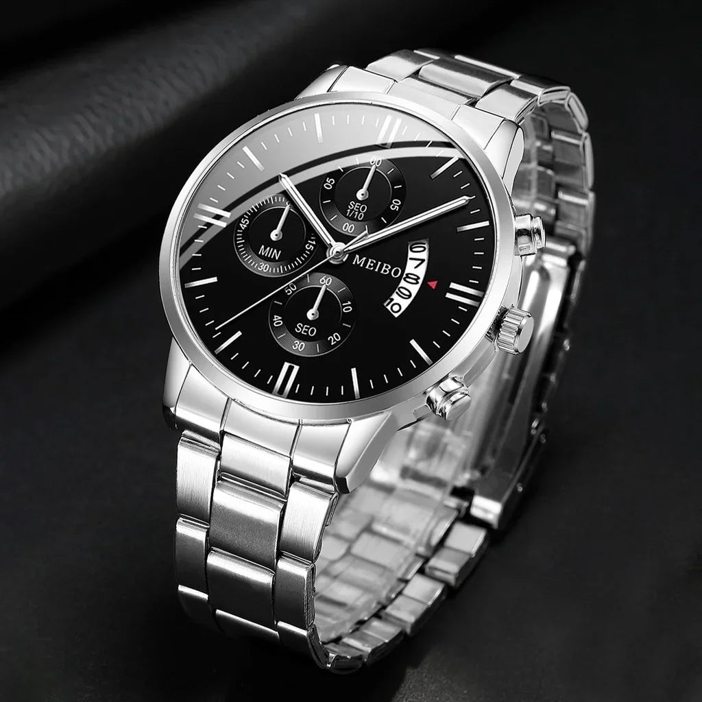 4PCS Men Business Watches Fashion Steel Band Date Quartz Watches Male Wristwatches Jewelry Set Relogio Masculino（Without Box） Qme