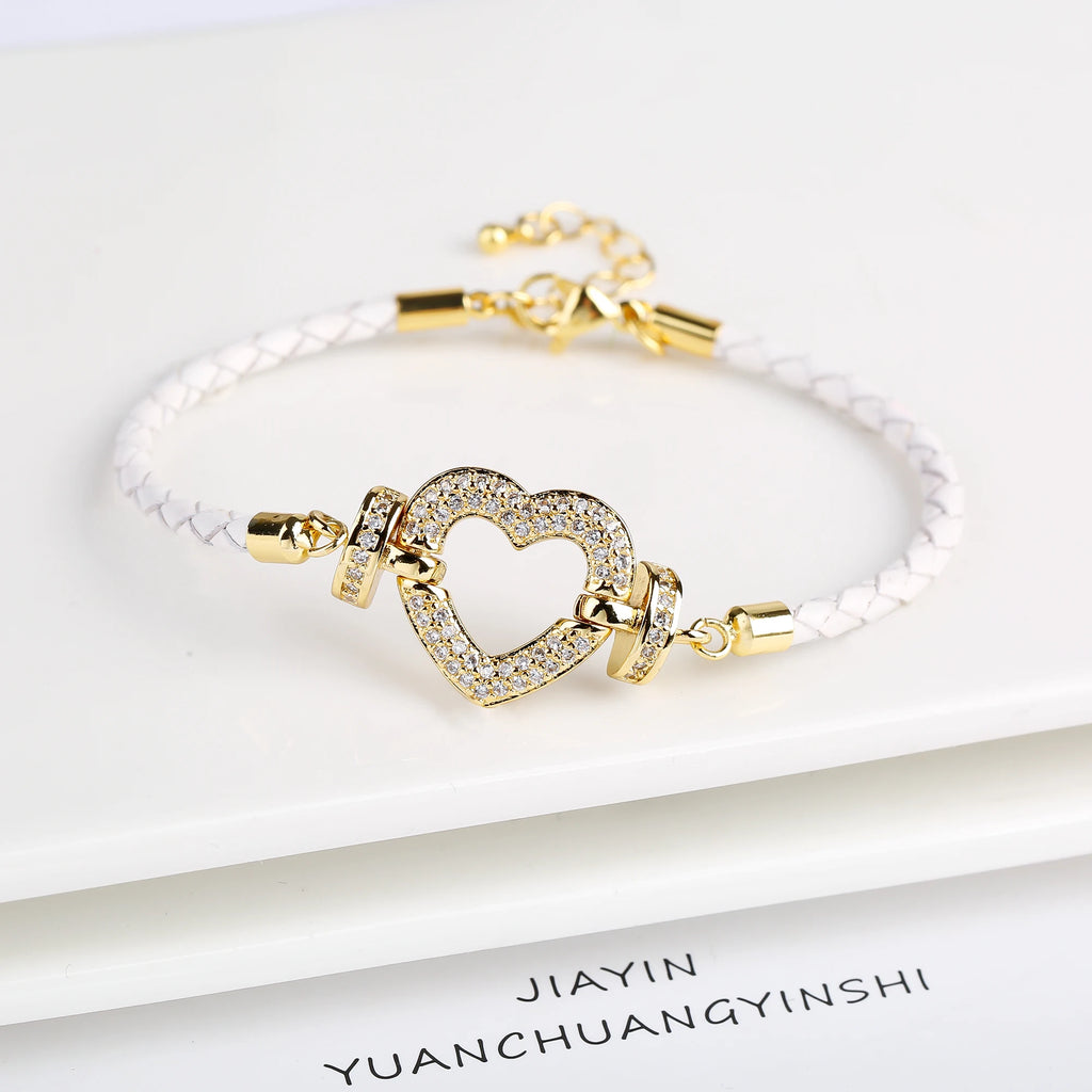 Genuine Leather Rope Braided Heart Shape Zirconia Ladies Bracelet Temperament for Women Girls Party Wedding Jewelry Holiday Gift Qme White