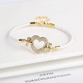 Genuine Leather Rope Braided Heart Shape Zirconia Ladies Bracelet Temperament for Women Girls Party Wedding Jewelry Holiday Gift Qme White