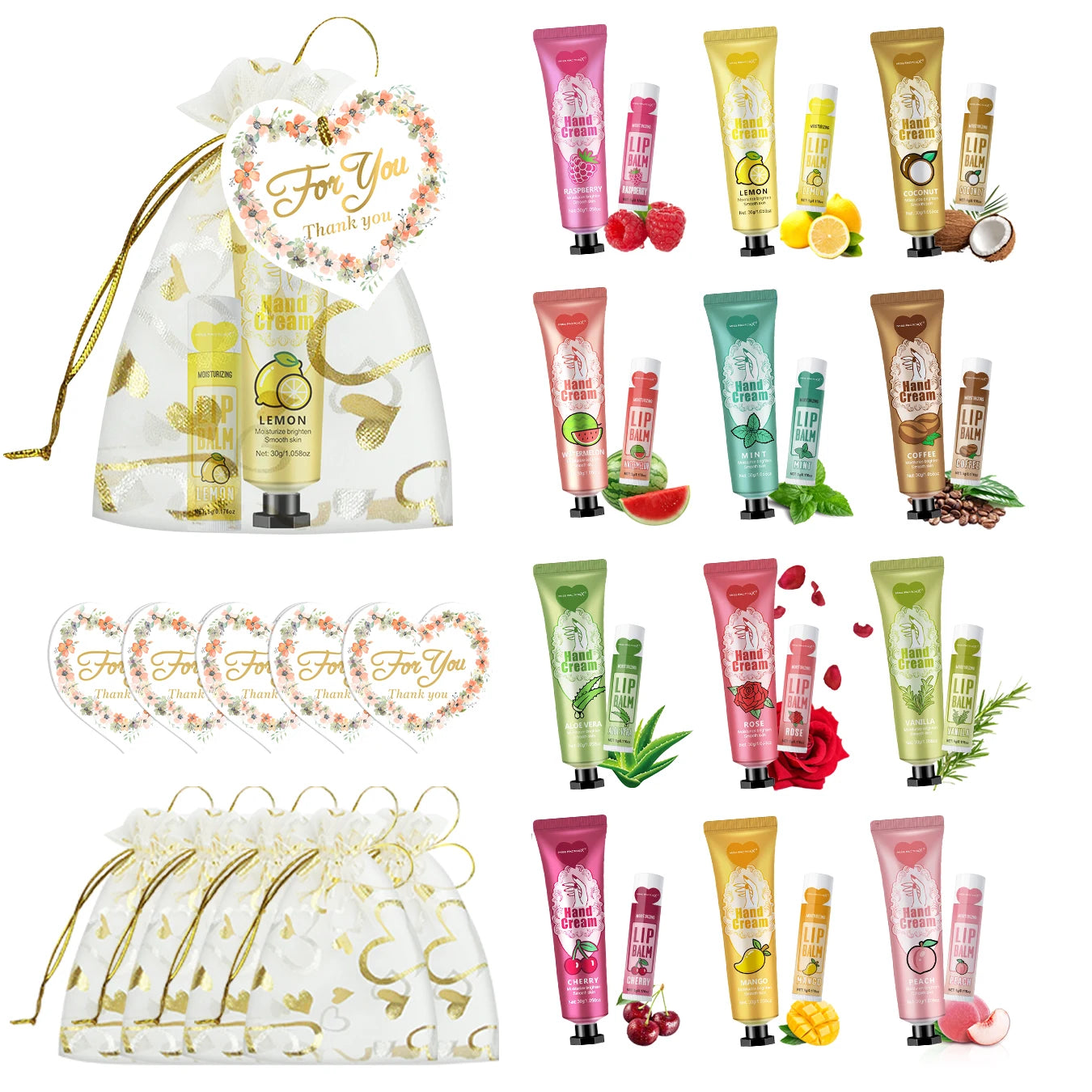 12 Hand gift Hand cream and lip balm set Friends Party Gift with love net bag and thank you card Holiday gift Qme