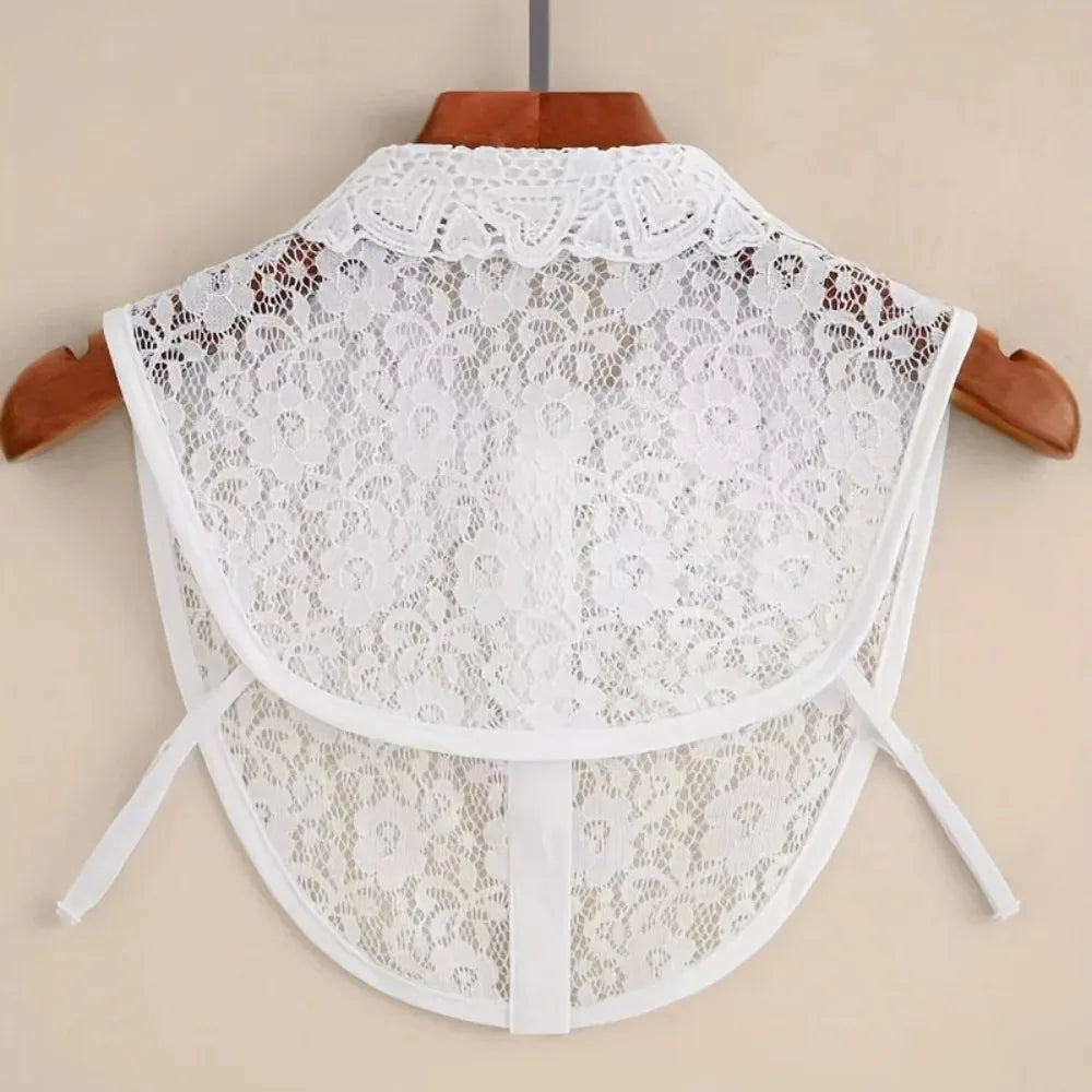 Women Detachable Lace Fake Collar Heart Embroidery Decorative Collar White Hollow Out Lapel Sweater Shirt Blouse Decor Collar Qme