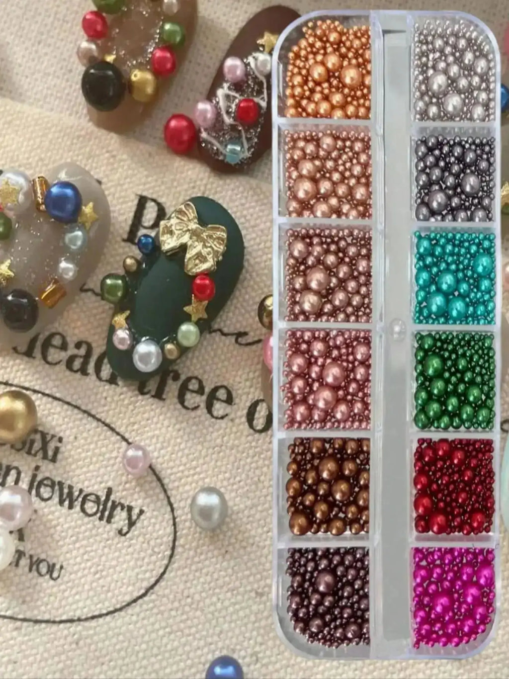 12 Grid Christmas Nail Art Flat Back Imitation Pearl Ornaments Gem Qme 1 set