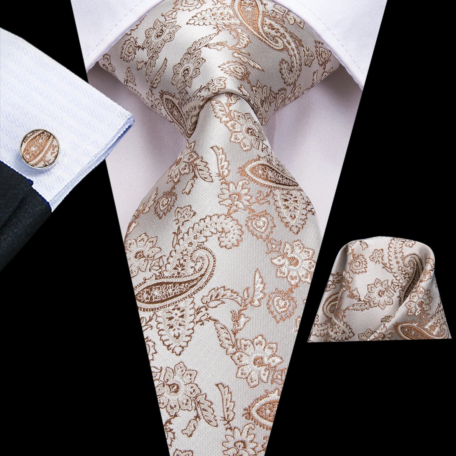 Hi-tie Floral Champagne Ivory Mens Elegant Necktie Handkerchief Qme N-3158