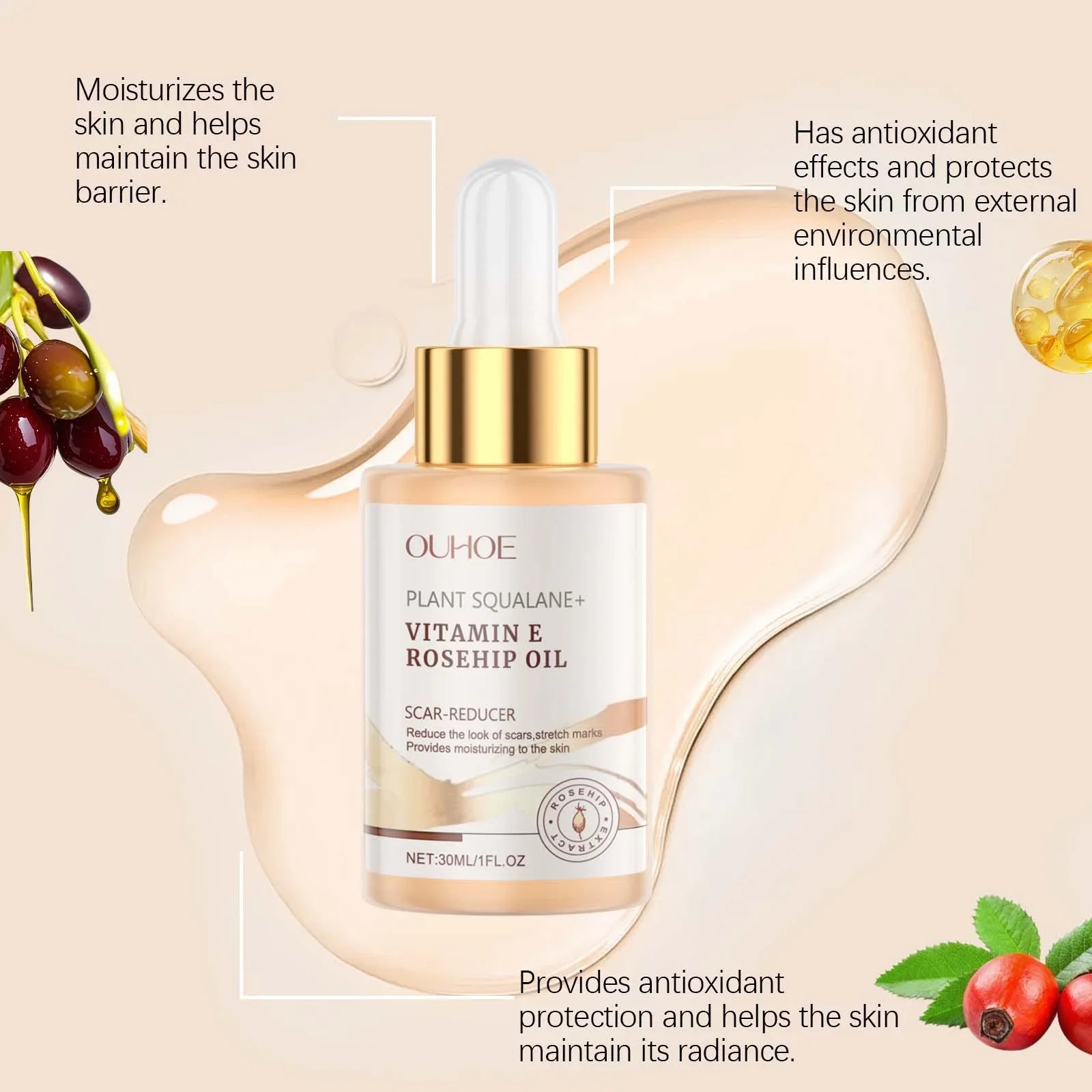 Moisturizing Squalane Rosehip Face Oil Lifting Firming Fade Fine Lines Smoothing Nourishing Skin Rejuvenation Facial Care Oil Qme
