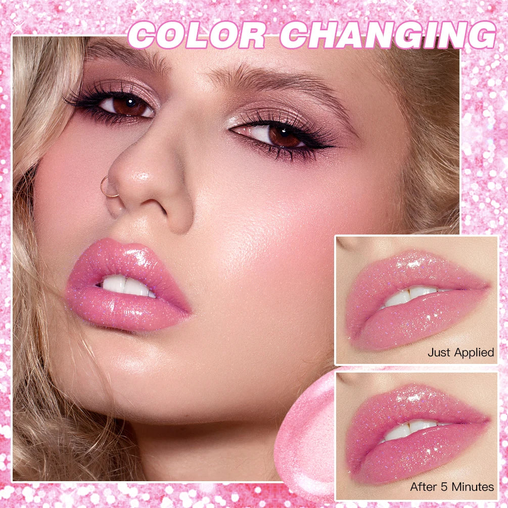QIBEST Glitter Lipstick Lip Balm Color Change Transparent Moisturizing Crystal Jelly Pearlescent Lip Plumper Gloss Tint Cosmetic Qme